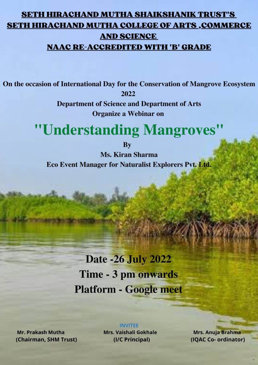 Webinar on "Understanding Mangroves " was conducted on 26/07/2022